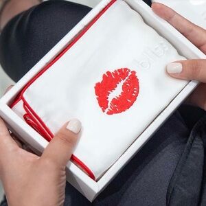 Blissy White and Red Lip-Print 100% Silk King Pillowcase.